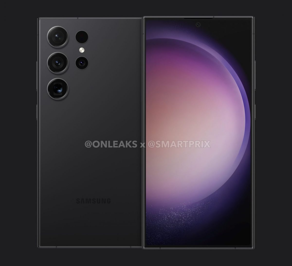 Samsung Galaxy S24 Ultran mallinnos takaa ja edestä. Kuva: OnLeaks / Smartprix.