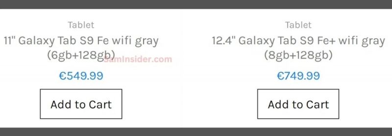 Samsung Galaxy Tab S9 FE -tablettien paljastuneet hinnat. Kuva: SamInsider.