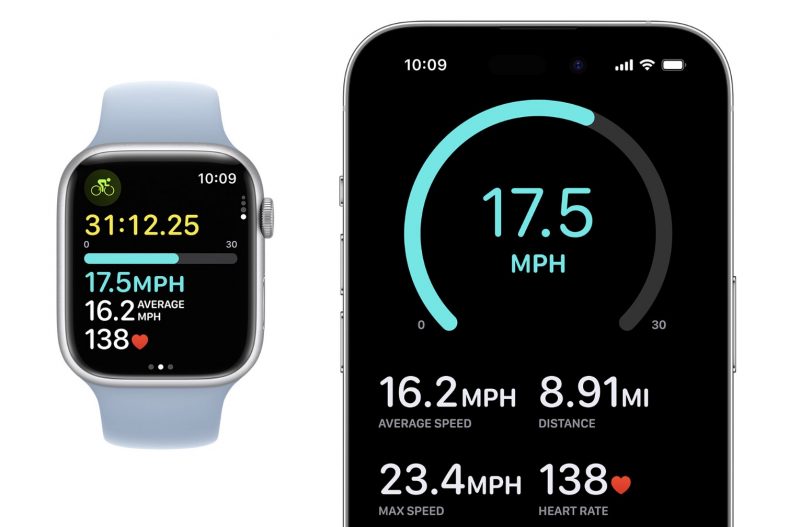 Pyöräilytreenin tiedot siirtyvät watchOS 10:stä iPhonen näytölle.