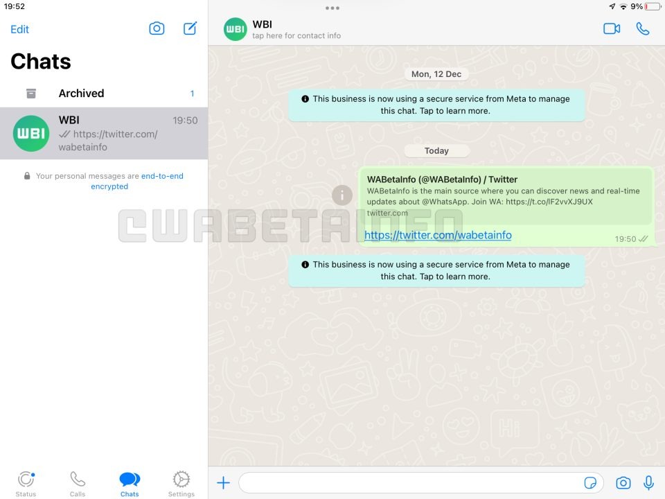 Tältä näyttää WhatsApp-sovellus iPadille. Kuva: WABetaInfo.