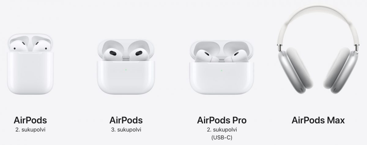 Applen nykyinen AirPods-mallisto.