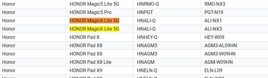 Honor Magic6 Lite 5G mainittu Google Play Console -listauksessa.