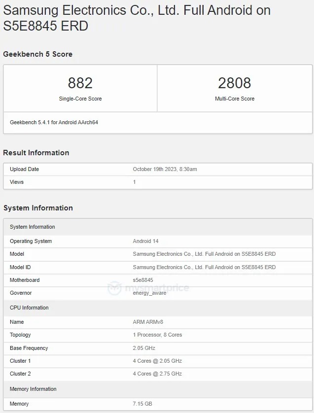 Samsung Exynos 1480 -järjestelmäpiiri paljastui GeekBench-suorituskykytestistä.