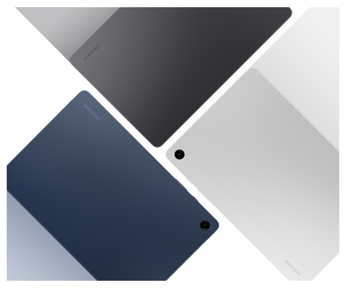 Samsung Galaxy Tab A9 -tablettien kolme värivaihtoehtoa.
