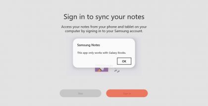 Samsung Notes -sovellus kertoo nyt, että se toimii vain Galaxy Bookeilla.