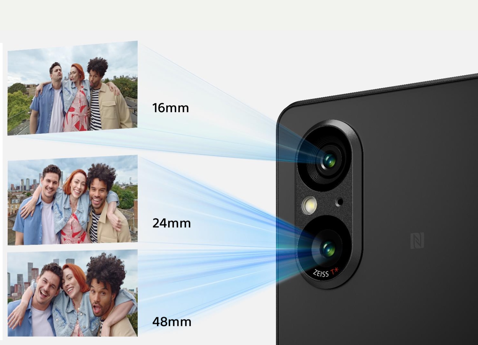 Xperia 5 V:n kaksi takakameraa mahdollistavat kuvaamisen kolmea eri polttoväliä vastaavalla tavalla.
