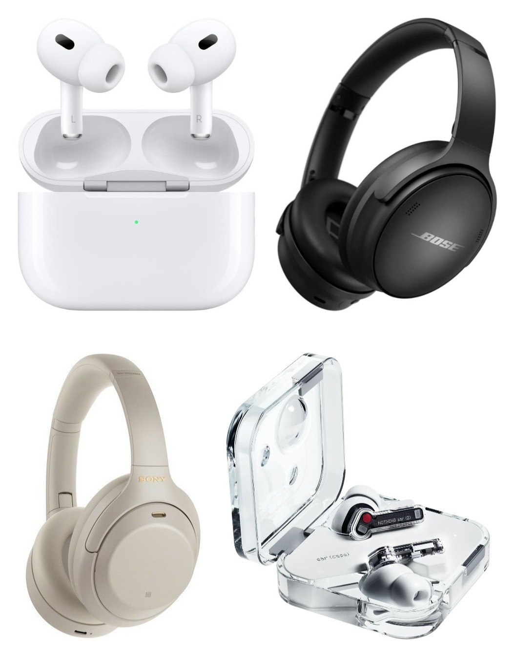 Kuvassa Apple AirPods Pro (2. sukupolvi, USB-C), Bose QuietComfort SE, Sony WH-1000XM4 ja Nothing Ear (2).