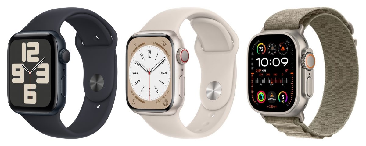 Apple Watch SE (2. sukupolvi), Apple Watch Series 8, Apple Watch Ultra 2.