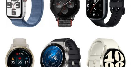 Kuvassa Apple Watch SE, Amazfit GTR 4, Honor Watch 4, Garmin Venu 2s, Huawei Watch GT 3 Pro (46 mm) ja Samsung Galaxy Watch6.