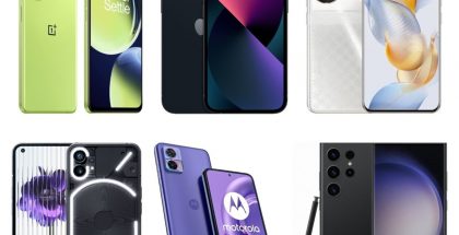 Kuvassa ylärivissä OnePlus Nord CE 3 Lite 5G, Apple iPhone 13, Honor 90 ja alarivissä Nothing Phone (1), Motorola Edge 30 Neo ja Samsung Galaxy S23 Ultra.