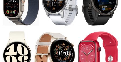 Kuvassa ylärivissä Apple Watch Ultra 2, Garmin Epix Pro (Gen 2), Garmin Venu 2 ja alarivissä Samsung Galaxy Watch6, Huawei Watch GT 3 (42 mm, nahkaranneke) sekä Apple Watch SE (2. sukupolvi).