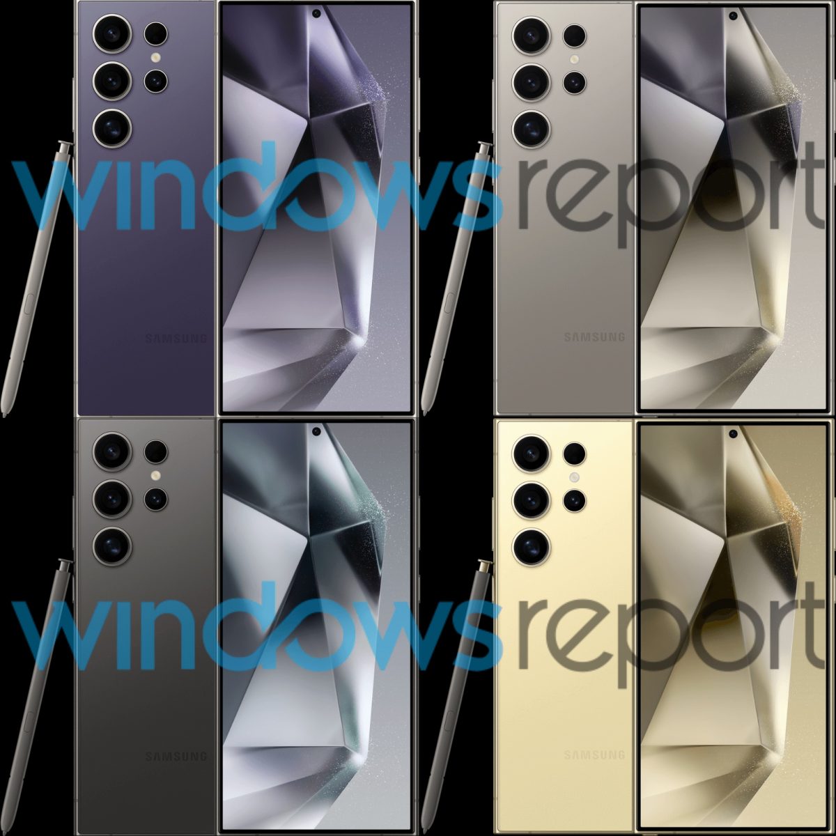 Samsung Galaxy S24 Ultran neljä värivaihtoehtoa vuotokuvissa. Kuva: Windows Report.