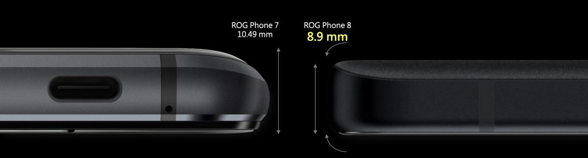 ROG Phone 8 -puhelimet ovat selvästi ROG Phone 7 -edeltäjiään ohuempia.