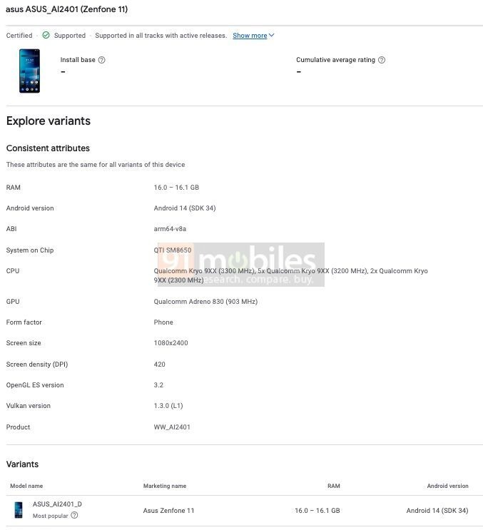 Asus Zenfone 11 Google Play Console -tietokannassa. Kuva: 91mobiles.