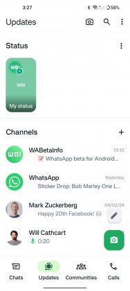WhatsAppin uudistettu Päivitykset-näkymä Androidilla. Kuva: WABetaInfo.
