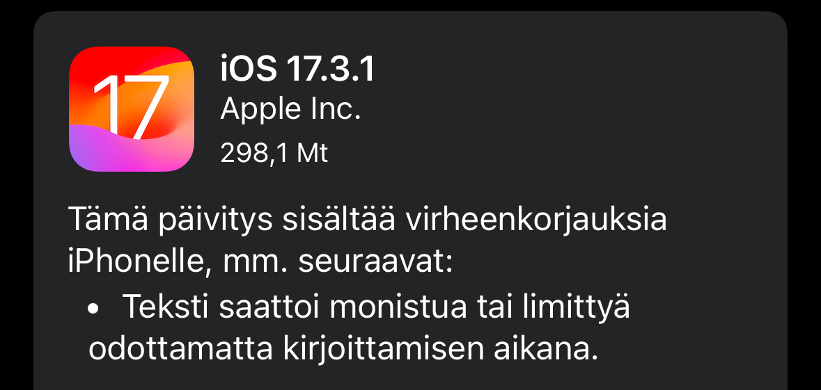 iOS 17.3.1 on nyt ladattavissa.
