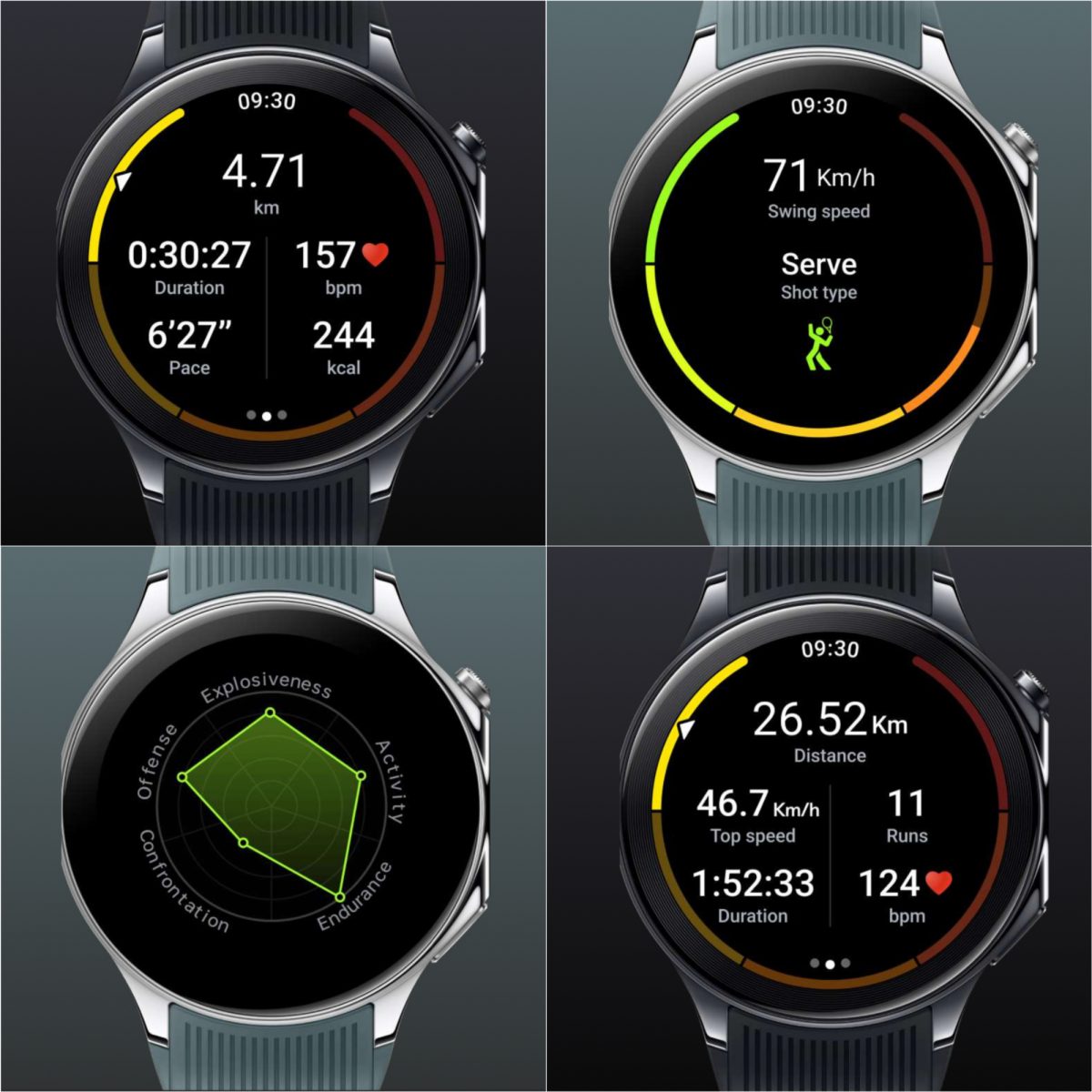 Juoksutila, tennistila, sulkapallotila ja laskettelutila OnePlus Watch 2:ssa.