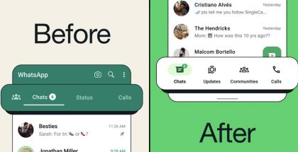 WhatsAppin Android-sovelluksen navigaatio koki uudistuksen. Vasemmalla ennen, oikealla jälkeen.
