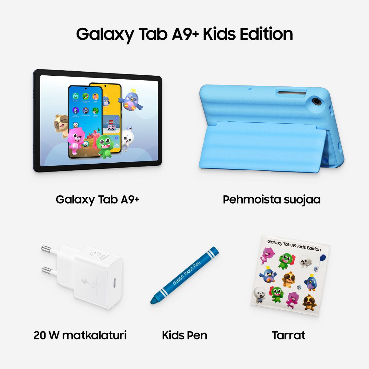 Samsung Galaxy Tab A9+ Kids Editionin myyntipakkauksen sisältö.