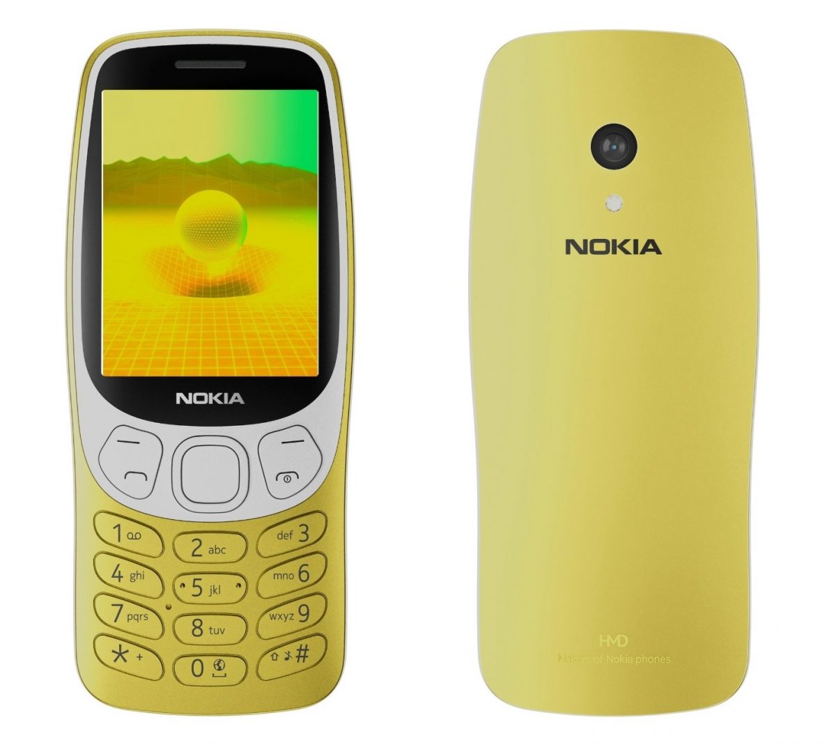 Uusi Nokia 3210 keltaisena kultavärinä.