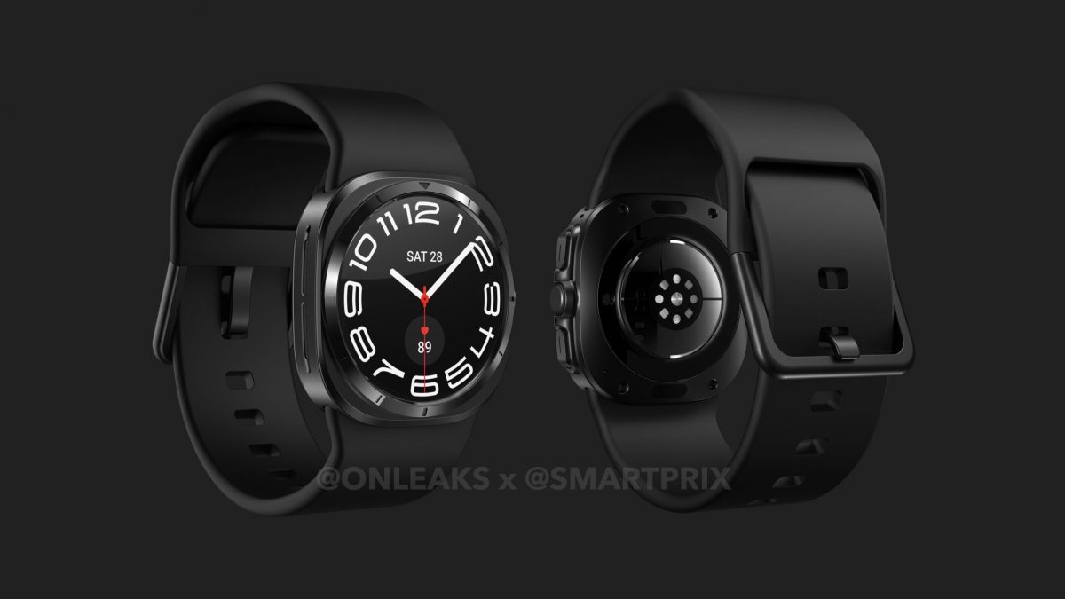 Samsung Galaxy Watch7 Ultran mallinnos edestä ja takaa. Kuva: OnLeaks / Smartprix.