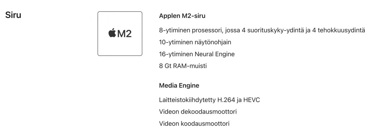 Samanaikaisesti Applen Suomen-tuotesivuilla on vielä vanha tieto 10-ytimisestä näytönohjaimesta eli grafiikkasuorittimesta iPad Airin M2-järjestelmäpiirissä.
