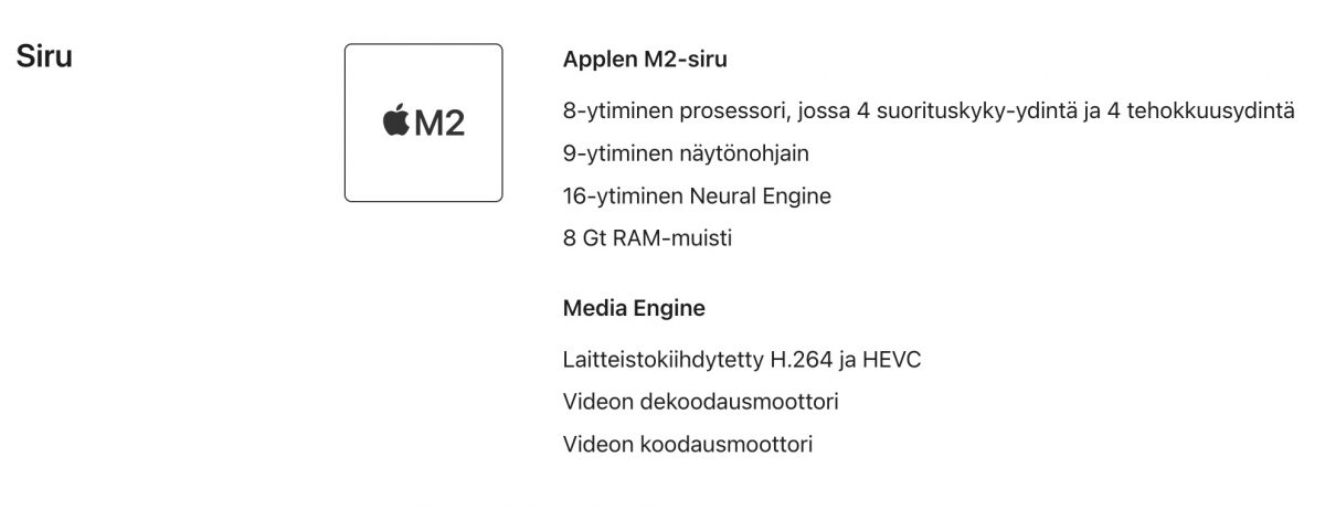 Nyt virhe on korjattu Applen suomenkielisilläkin tuotesivuilla, jotka kertovat iPad Airin M2-piirissä olevan 9-ytimisen grafiikkasuorittimen.