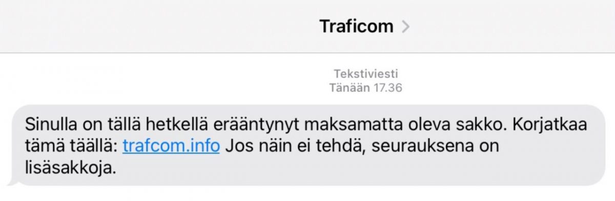 Traficomin julkaisema kuva huijausviestistä.