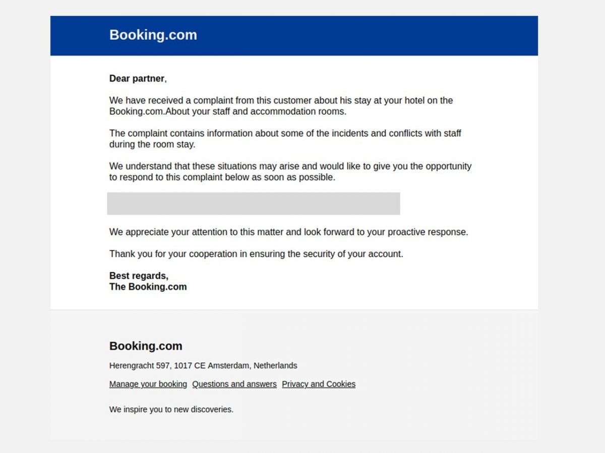 Esimerkiksi tällaisella Booking.comin nimissä lähetetyllä huijausviestillä hotellille on pyritty kalastelemaan pääsyä sen tilille palvelussa.