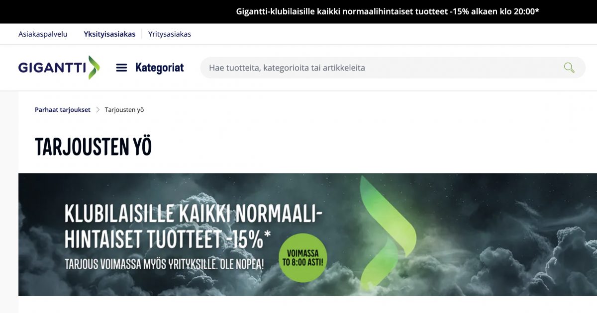 Gigantin tämänkertaisessa tarjousten yössä kaikki normaalihintaiset tuotteet saa 15 prosentin alennuksella.