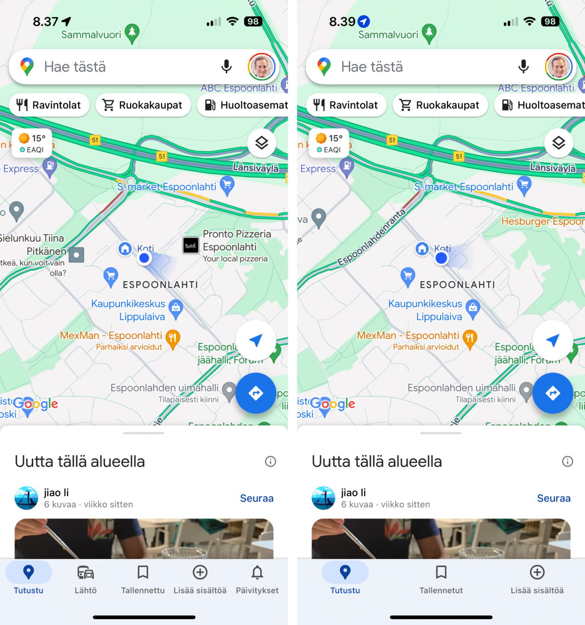 Google Mapsin alapalkki uudistui nyt myös iPhonella.