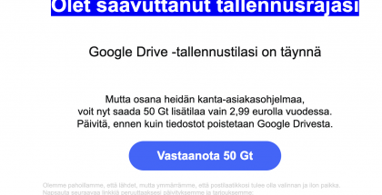 Esimerkki Google Drive -huijausviestistä.