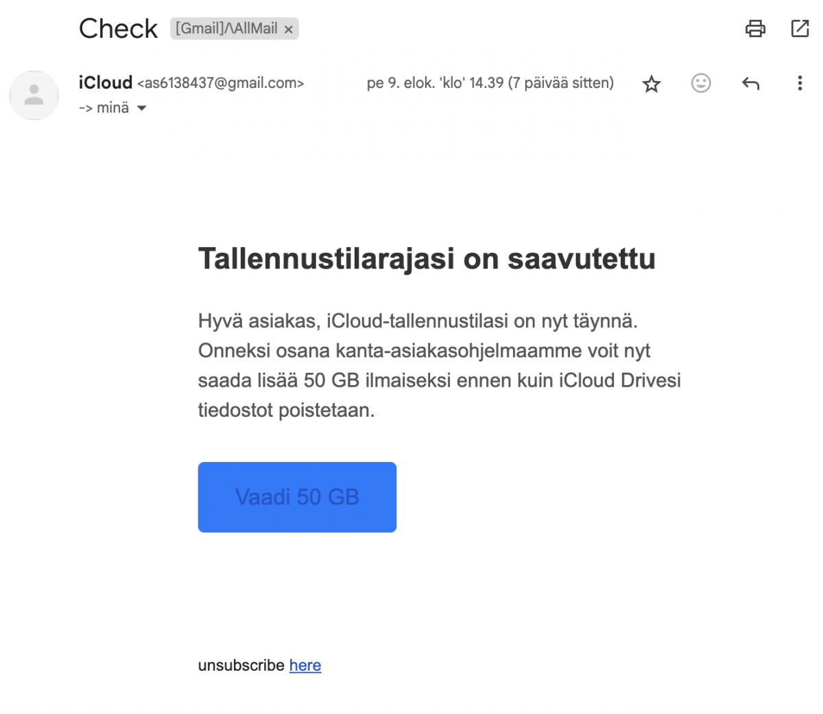 Esimerkki Apple iCloud -huijausviestistä.