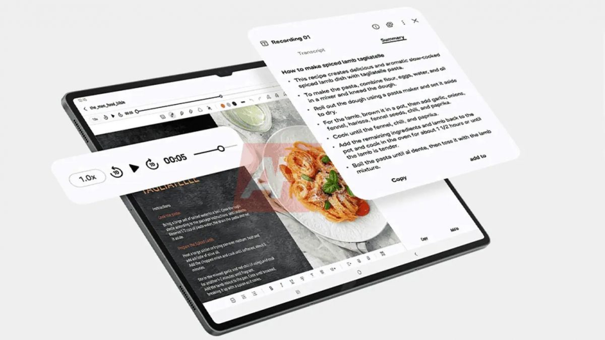 Galaxy AI -tekoälytoiminnot, kuten äänen tekstitys ja yhteenvedot tulevat olemaan mukana myös Galaxy Tab S10 -tableteissa. Kuva: Android Headlines.