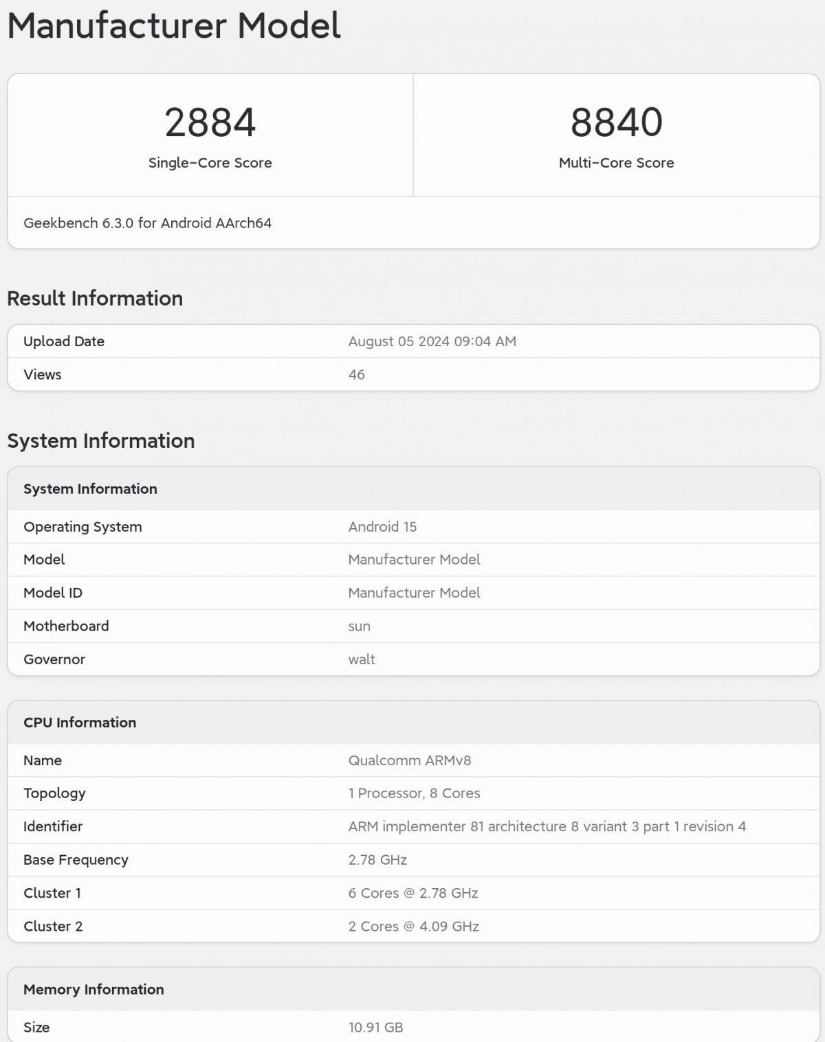 Snapdragon 8 Gen 4:n GeekBench-suorituskykytestitulos.