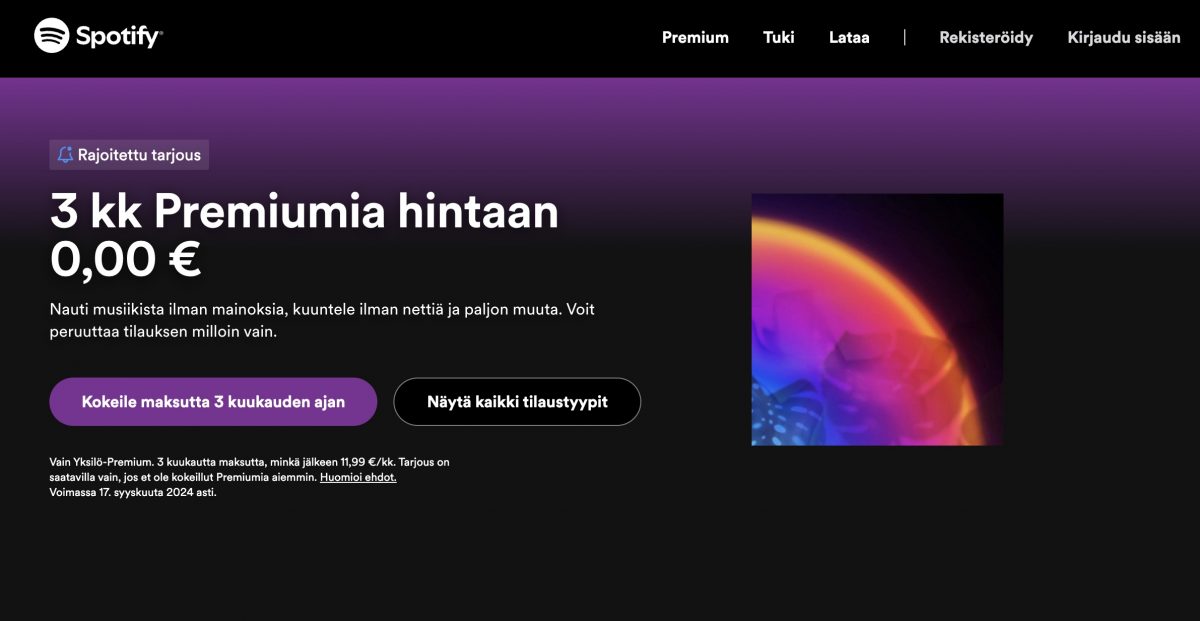 Spotify tarjoaa nyt 3 kuukauden ilmaisen kokeilun uusille asiakkaille.