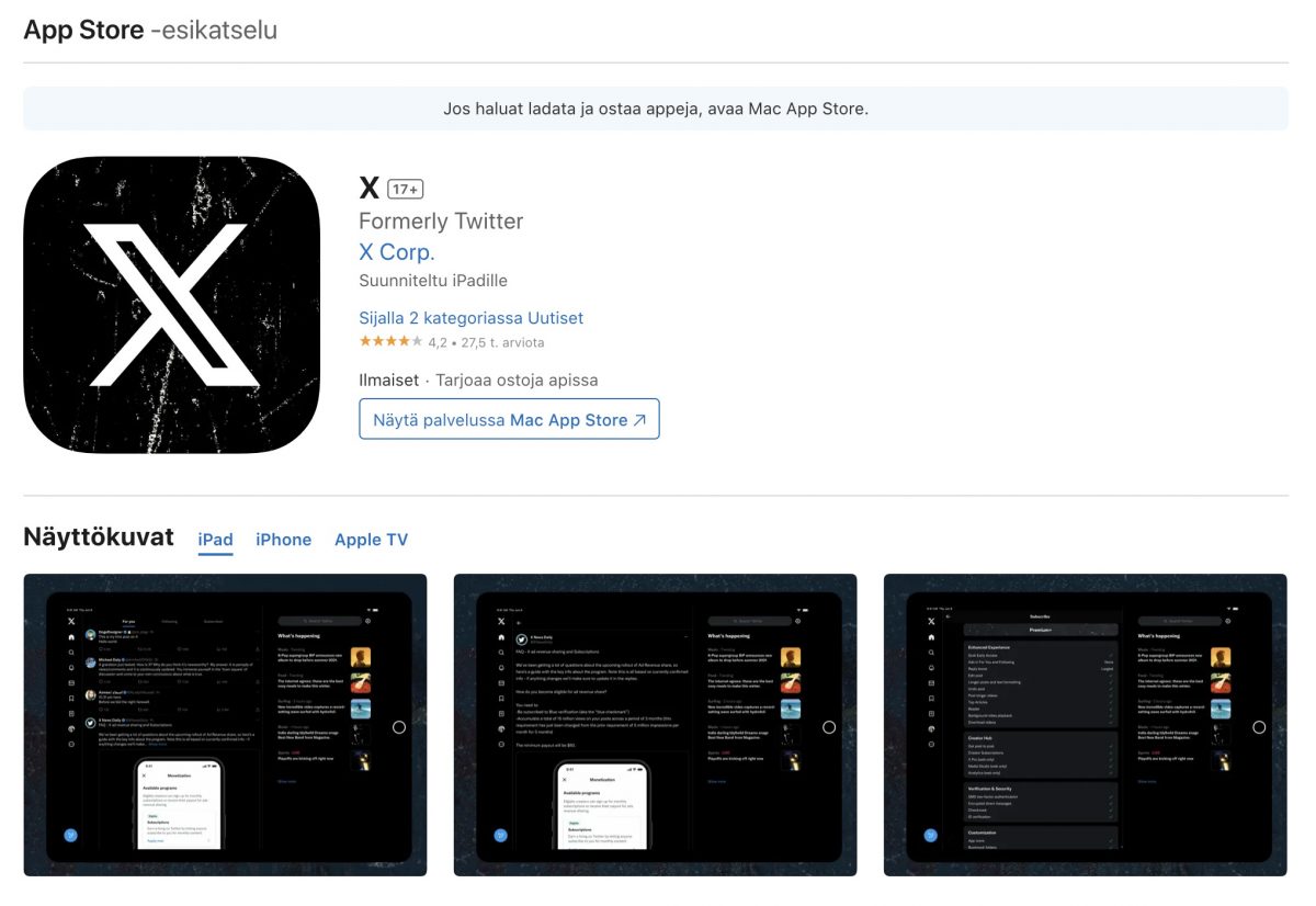 X:n iPad-sovellus on nyt saatavilla Macille Mac App Storesta.