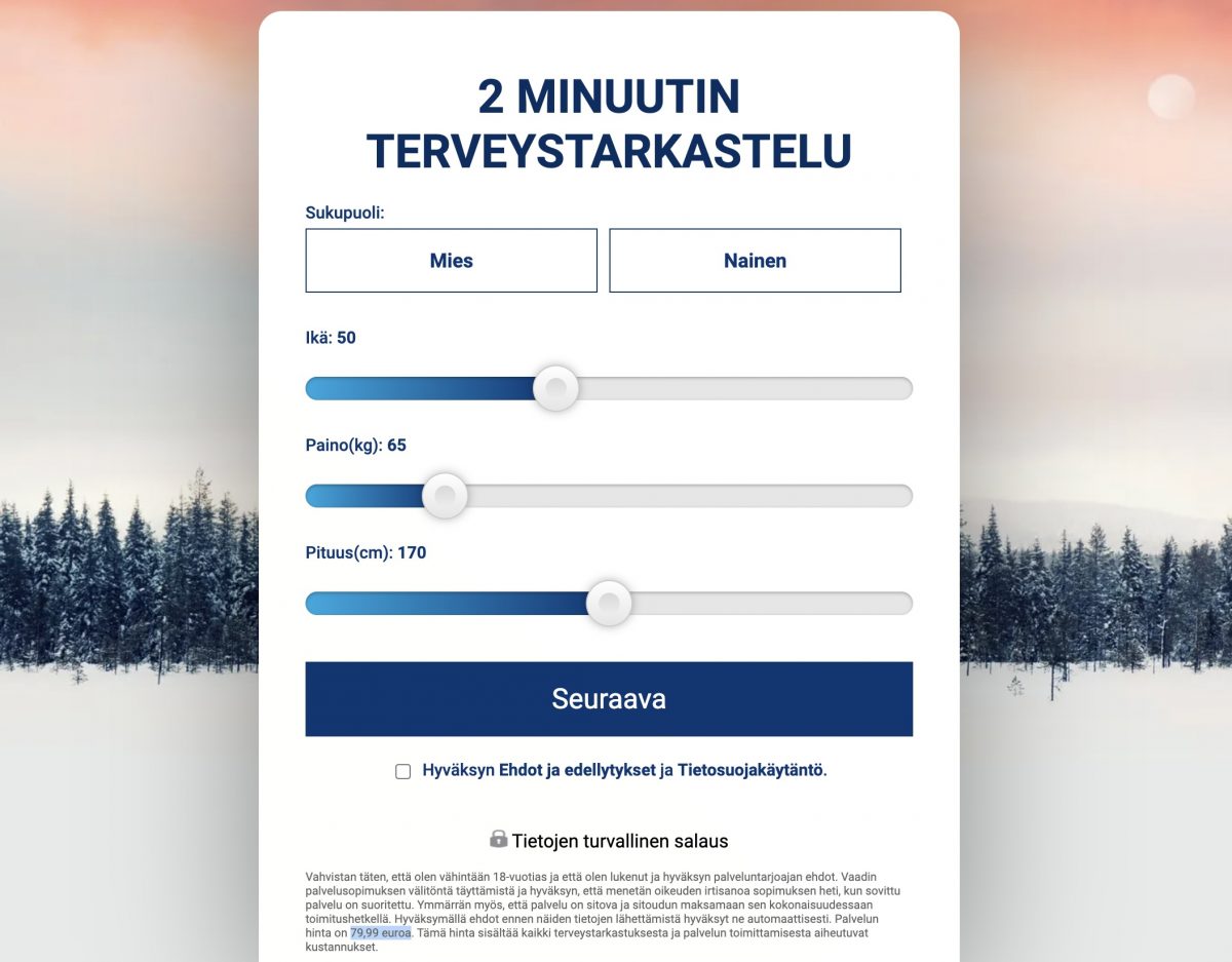 Tältä "2 minuutin terveystarkastelu" näyttää. 79,99 euron hinta on mainittu salakavalasti osana pikkupränttiä.