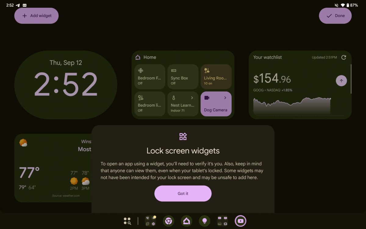 Android 15 QPR1 Beta 2 toi myös lukitun näytön widgetit tablettilaitteille. Kuva: 9to5Google.