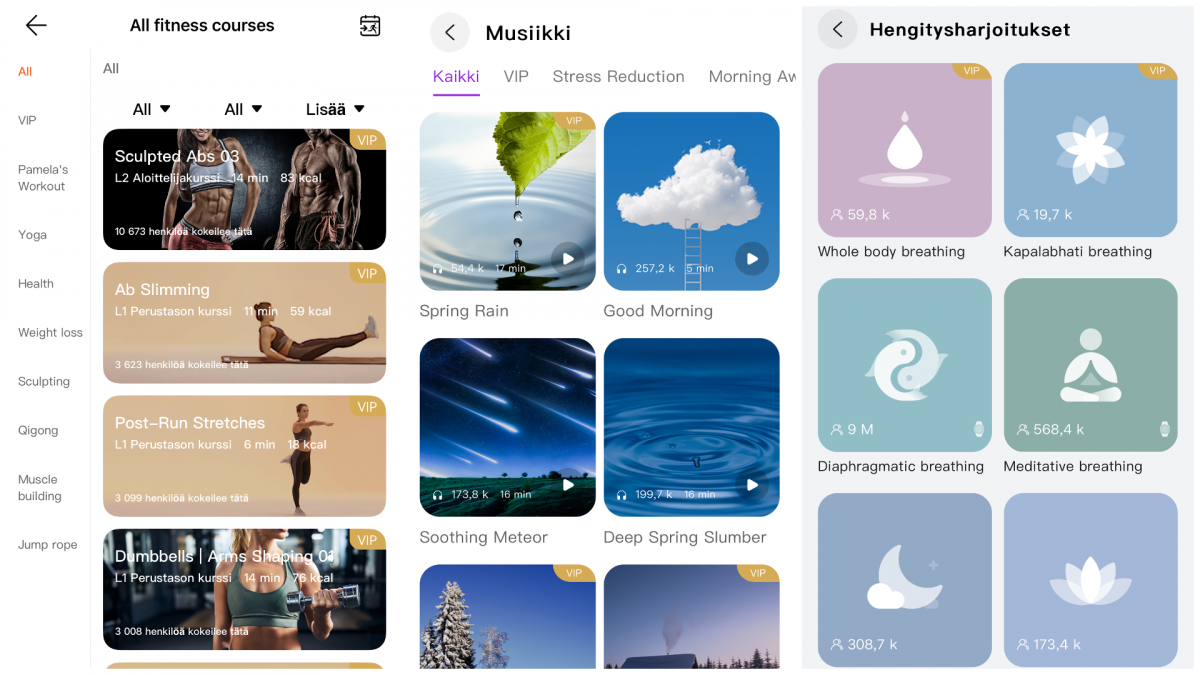 Huawei Health+ tarjoaa erilaisia sisältöjä harjoittelun ja hyvinvoinnin tueksi.