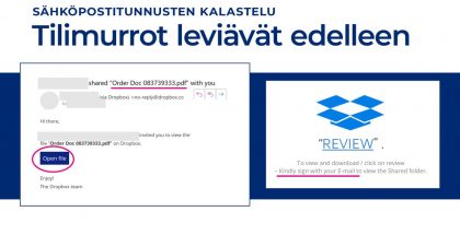 Microsoft 365 -tunnuksia kalastellaan aktiivisesti Dropboxin kautta. Kuva: Kyberturvallisuuskeskus.