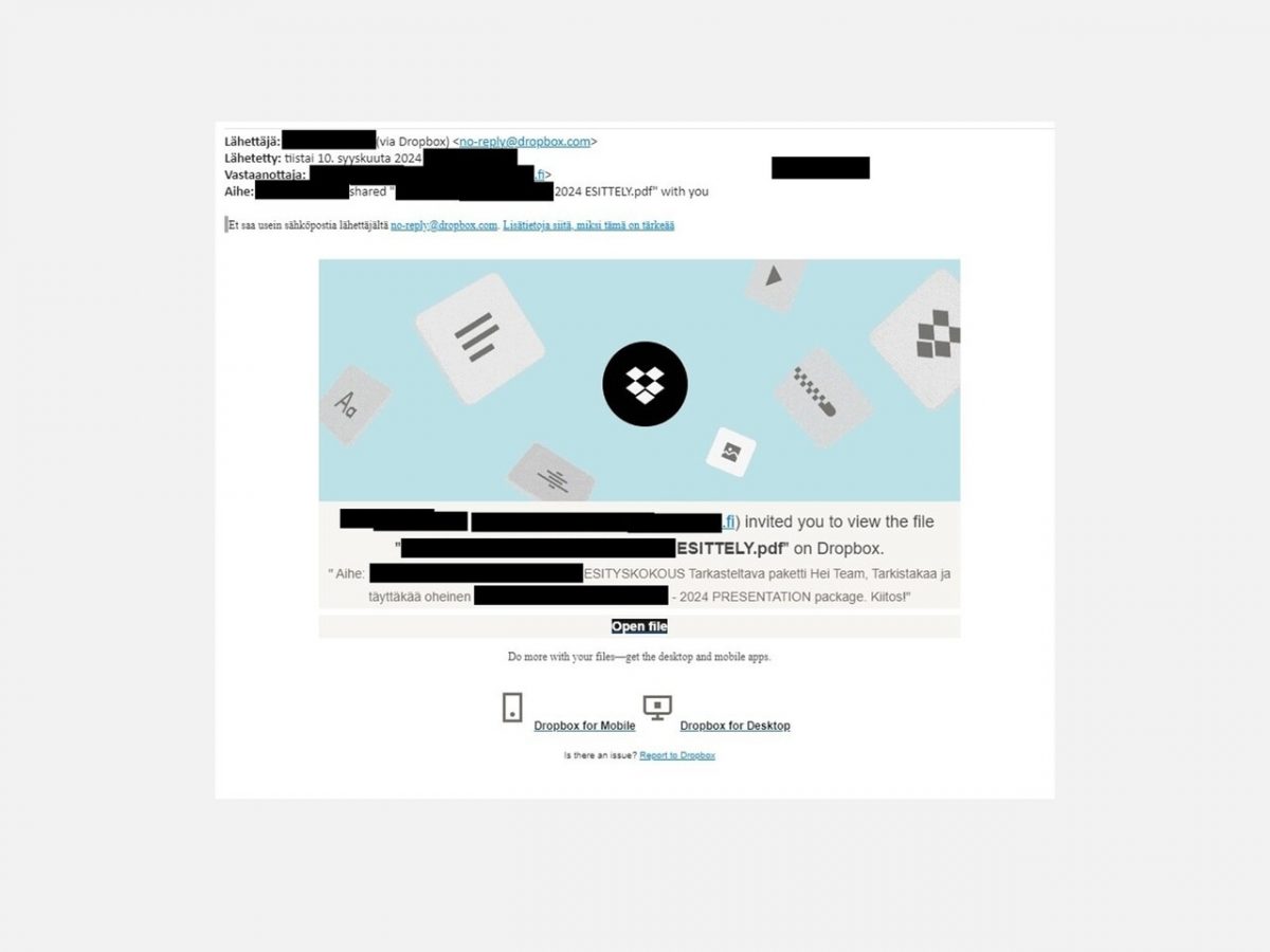 Esimerkki Dropbox-teemaisesta Microsoft 365 -kalasteluviestistä. Kuva: Kyberturvallisuuskeskus.