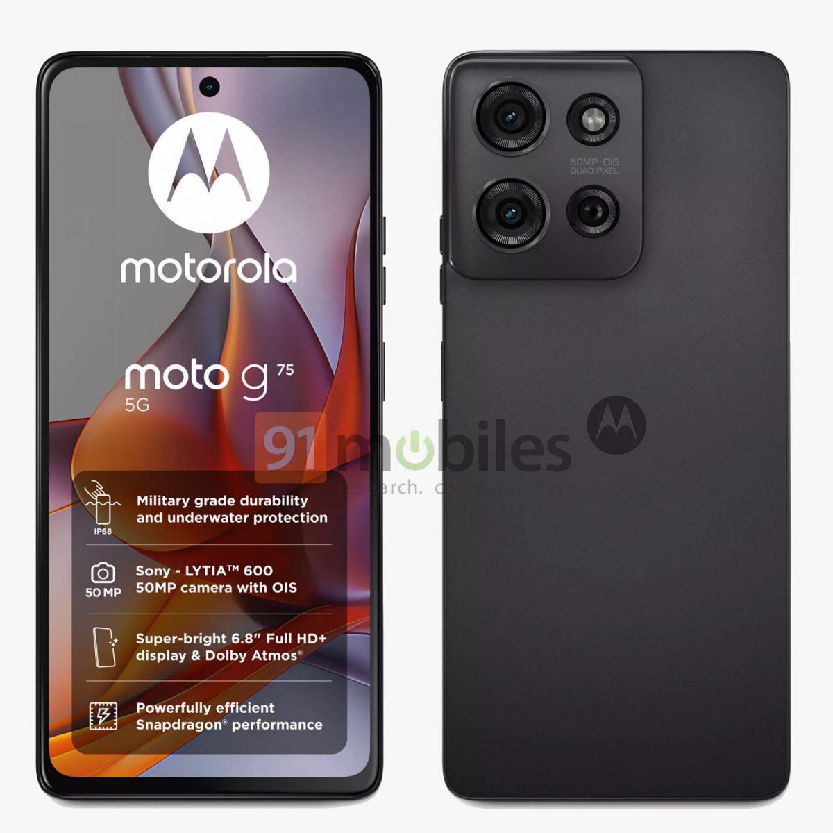 Moto G75 5G mustana. Kuva: 91mobiles.