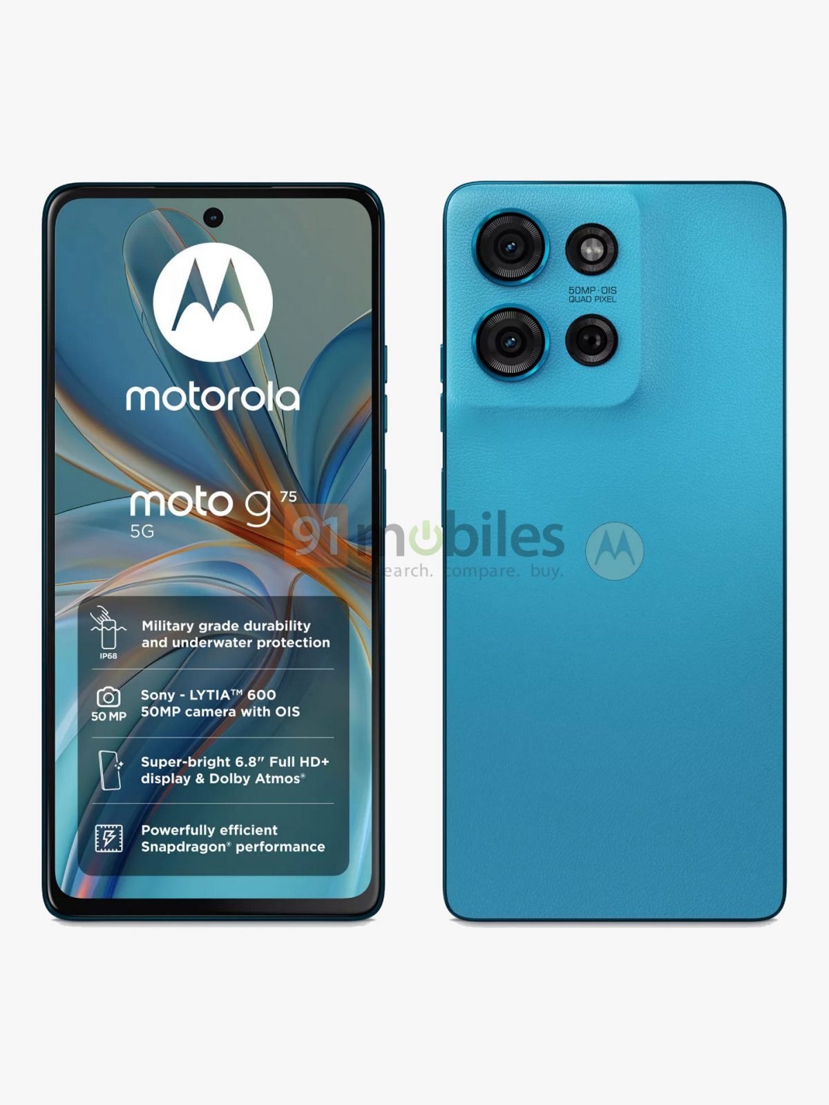 Moto G75 5G syaaninsinisenä. Kuva: 91mobiles.