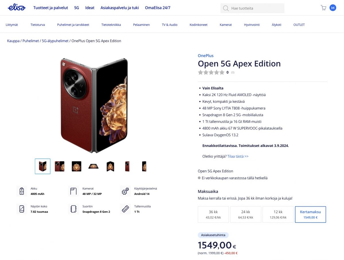 OnePlus Open Apex Editionin saa 1 549 eurolla Elisalta.