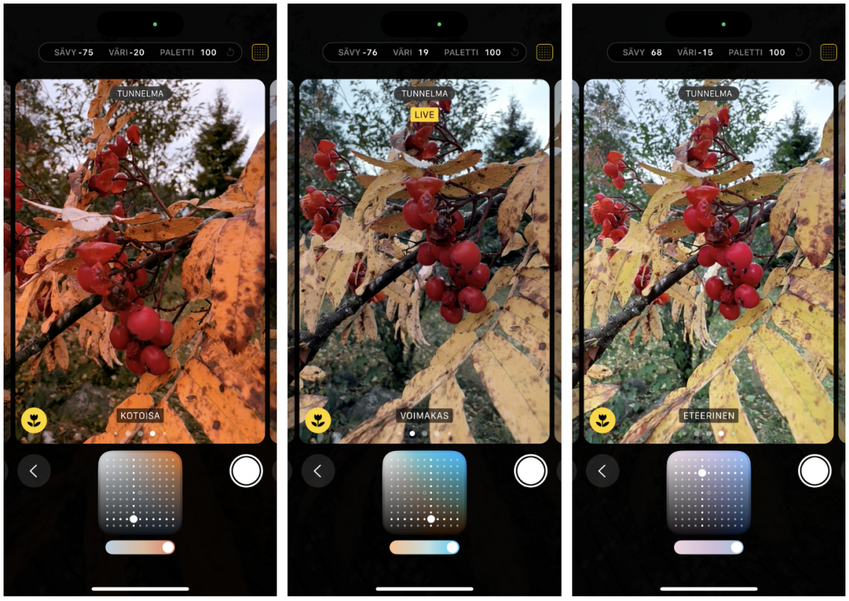 Eri tunnelmatyylejä iPhone 16:ssa.