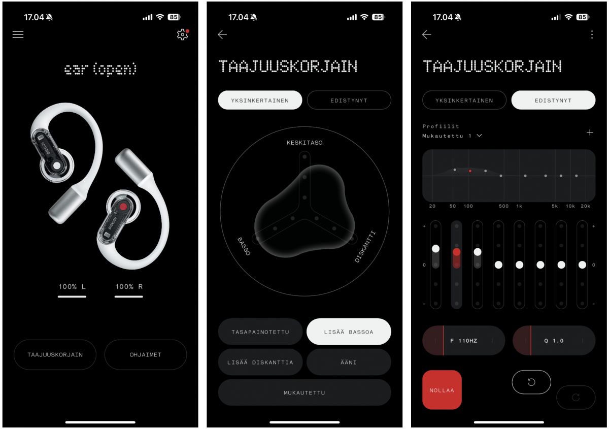 Nothing Ear (open) -kuulokkeet Nothing X -sovelluksessa sekä taajuuskorjaimen asetukset.