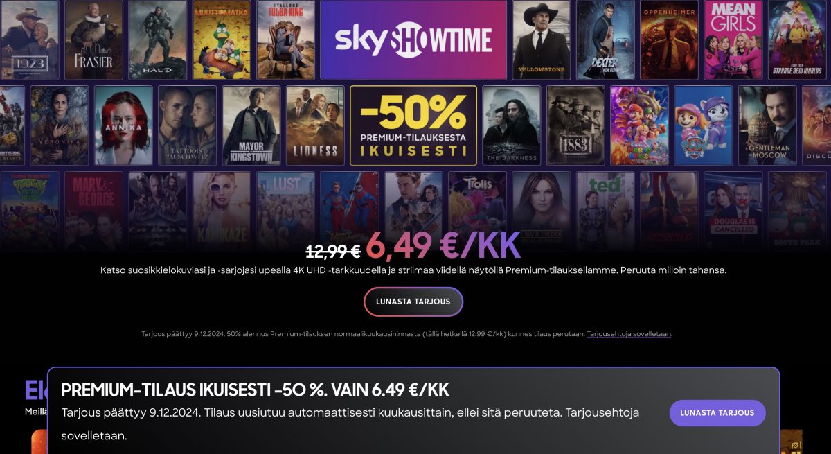 SkyShowtime Premium on tarjolla tarjoushintaan.