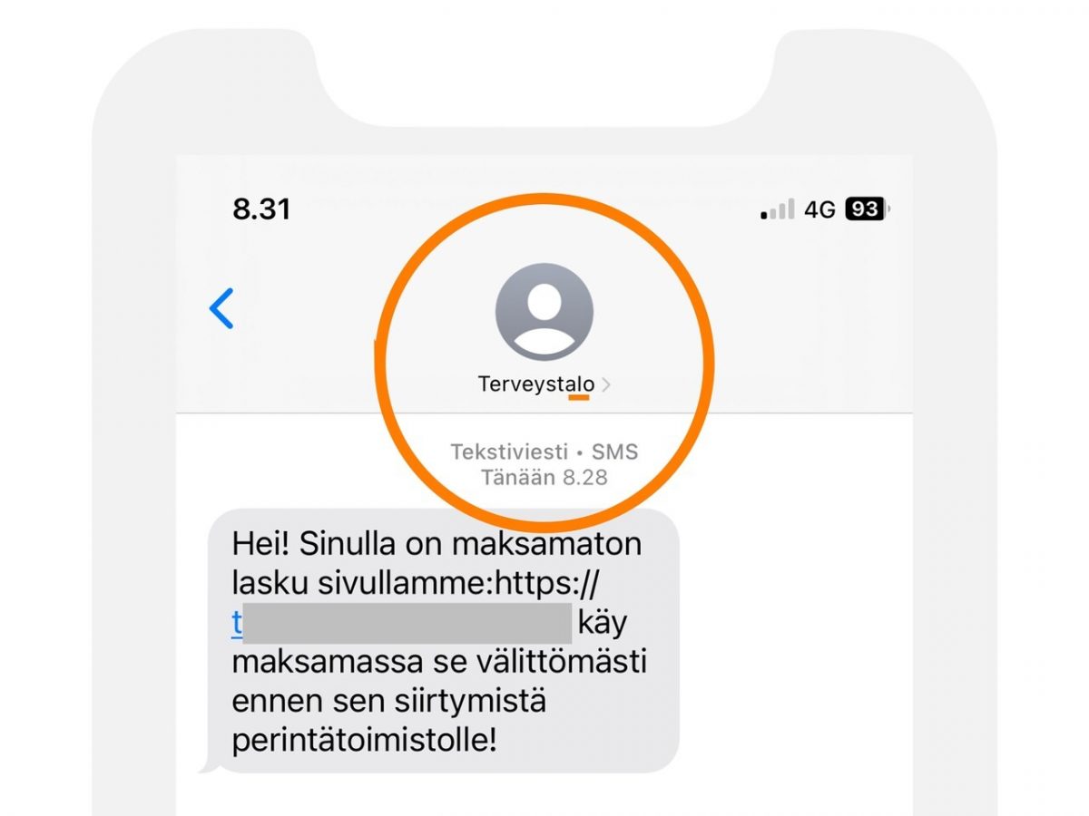 Näin Terveystalon nimissä huijataan. Pieni l-kirjain on korvattu isolla i-kirjaimella lähettäjätunnuksessa. Kuva: Kyberturvallisuuskeskus.