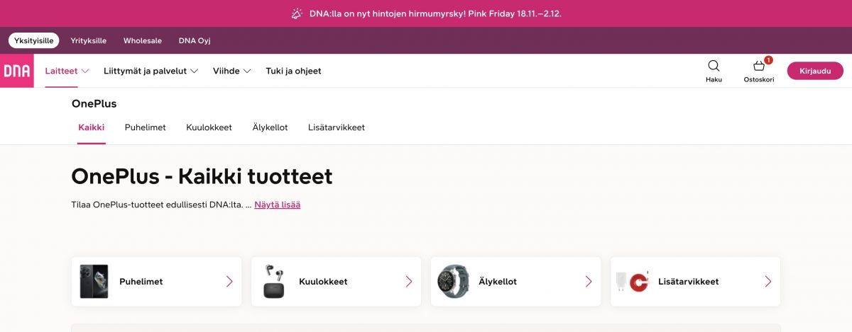 DNA tarjoaa alennuskoodilla 20 euron edun OnePlus-tuotteista.